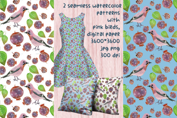 2 Watercolor Patterns with Pink Birds