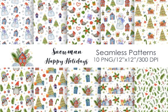 Watercolor Snowman Seamless Patterns